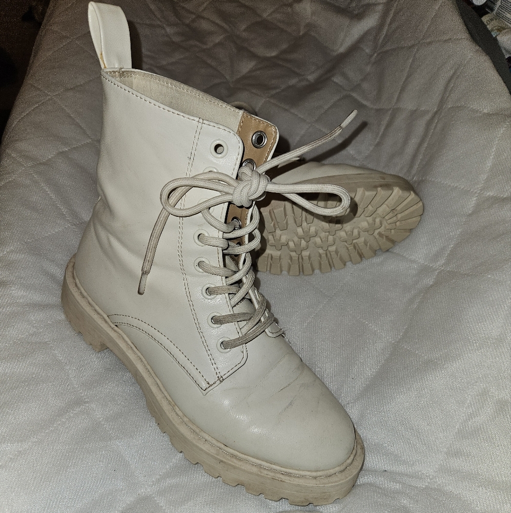 White Lace-Up Combat Boots